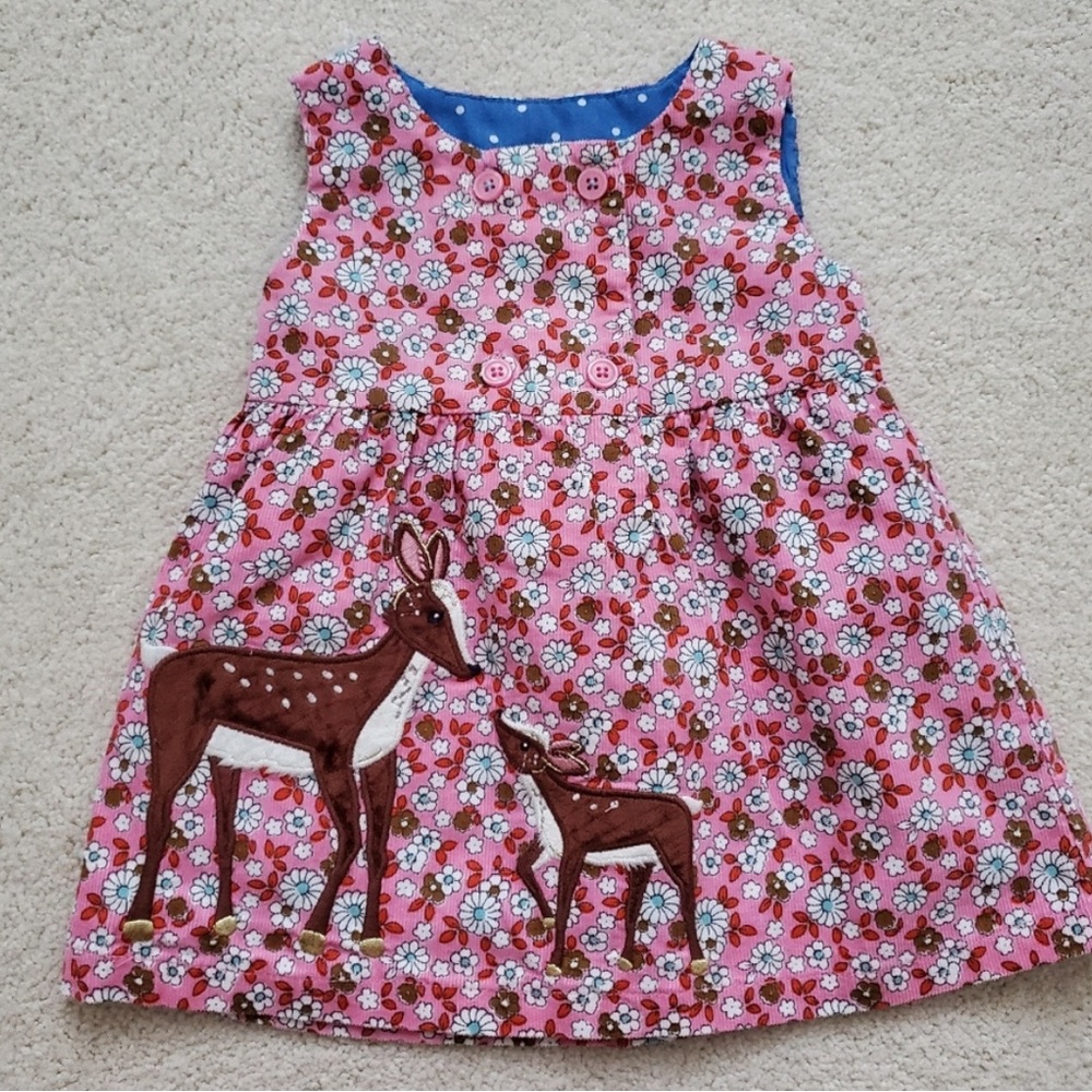 Baby Boden Girls' Deer Applique Floral Corduroy Pink Jumper Dress 0-3 months